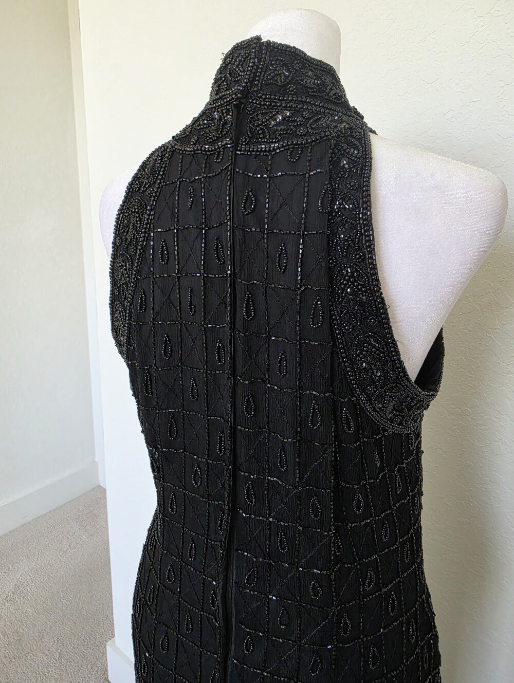 Adrianna Papell Evening Black Silk Beaded Sequin Halter Maxi Dress Size 10 - Picture 8 of 9